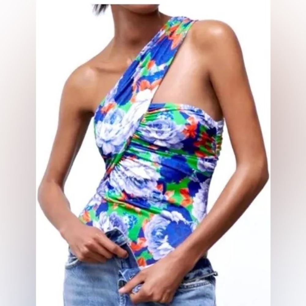 NWT Zara One Shoulder Blue Green Floral Asymmetrical Bodysuit Womens Medium